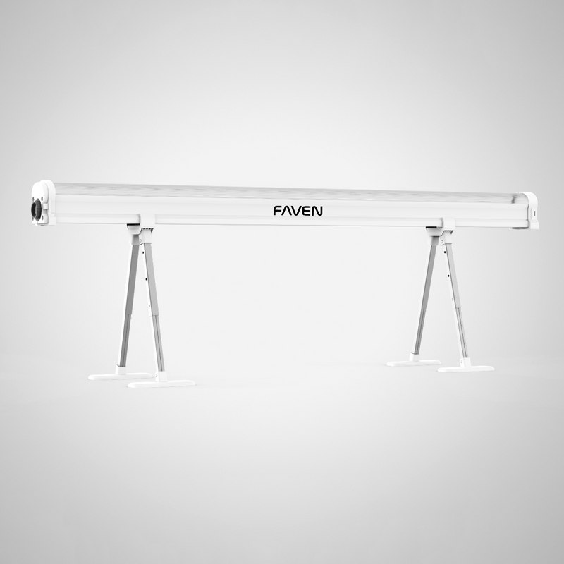 Faven white adjustable projection screen with tripod stands and black logo on a white background.