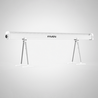 Faven white adjustable projection screen with tripod stands and black logo on a white background.