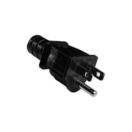 Black electrical plug with two metal prongs and ridged handle on a white background.