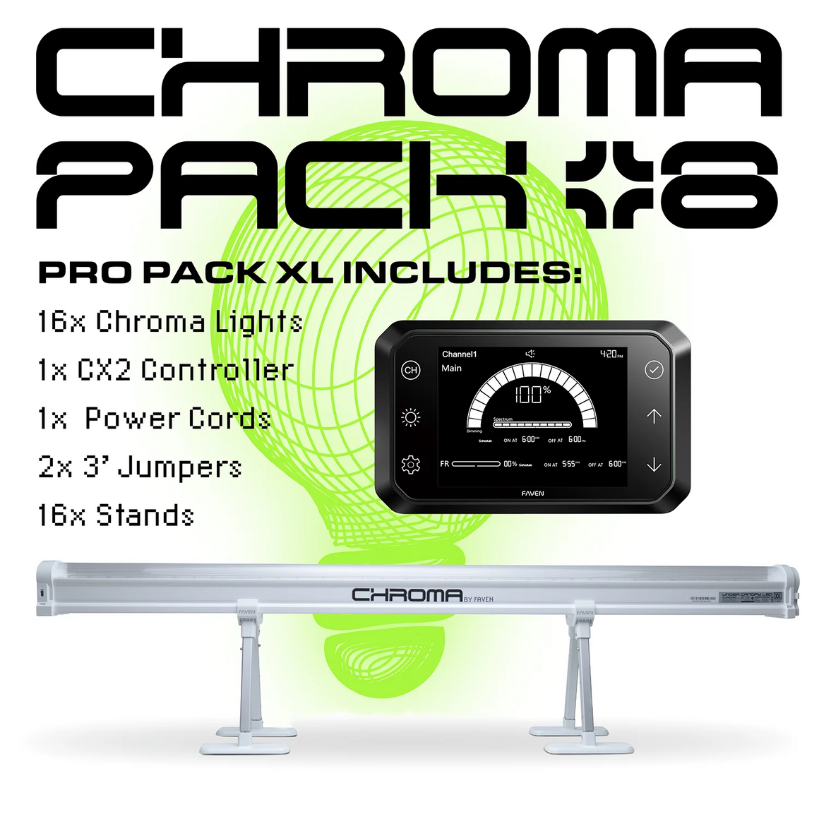 Faven Chroma Pro Pack XL: 16 Chroma lights, CX2 controller, cords, jumpers, and stands with a green grid background.