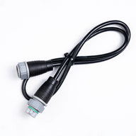 Black cable with two connectors: one gray with a green ring, one black with a gray nut.