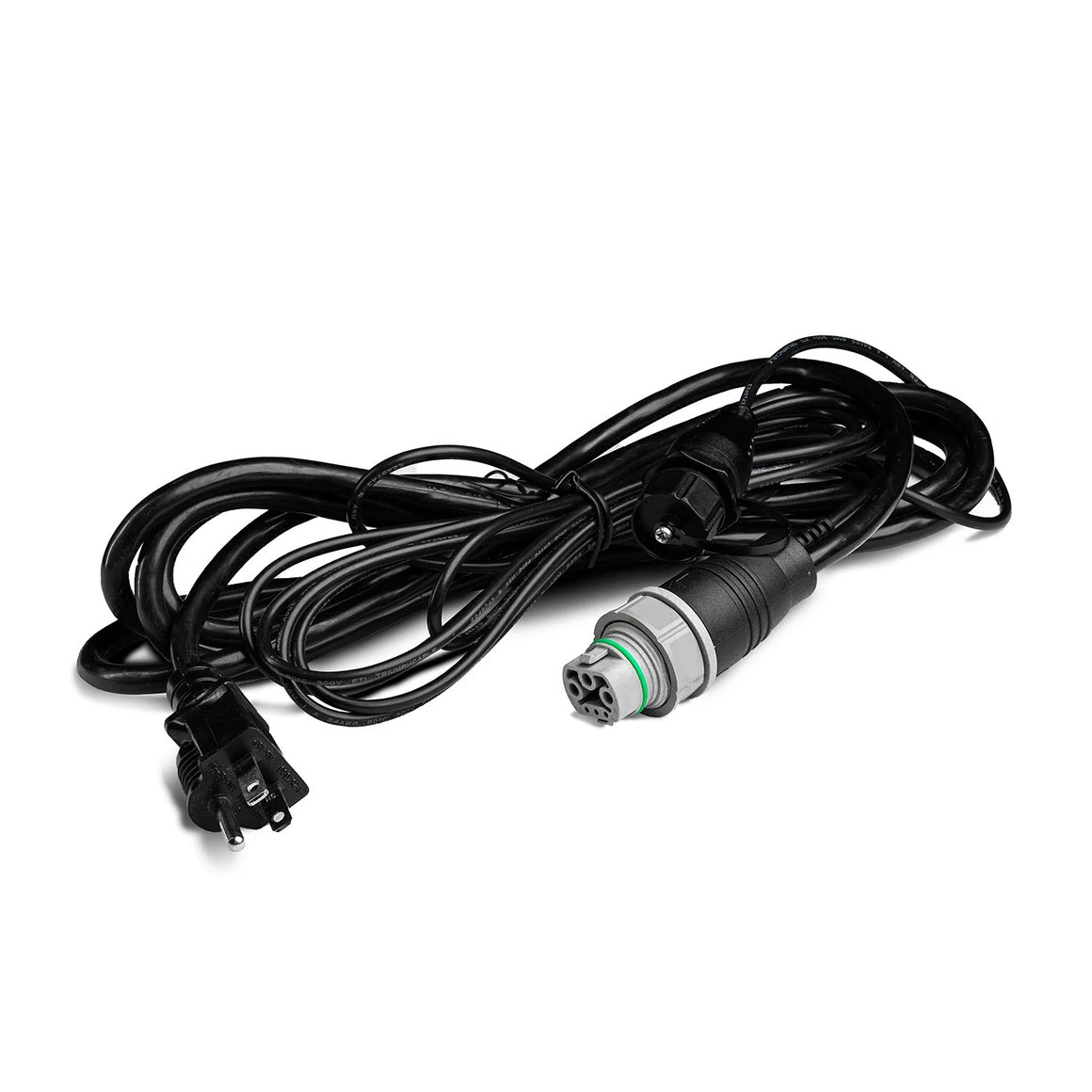 Black power cord with standard U.S. plug on one end and a 3-pin circular connector on the other, coiled on a white background.