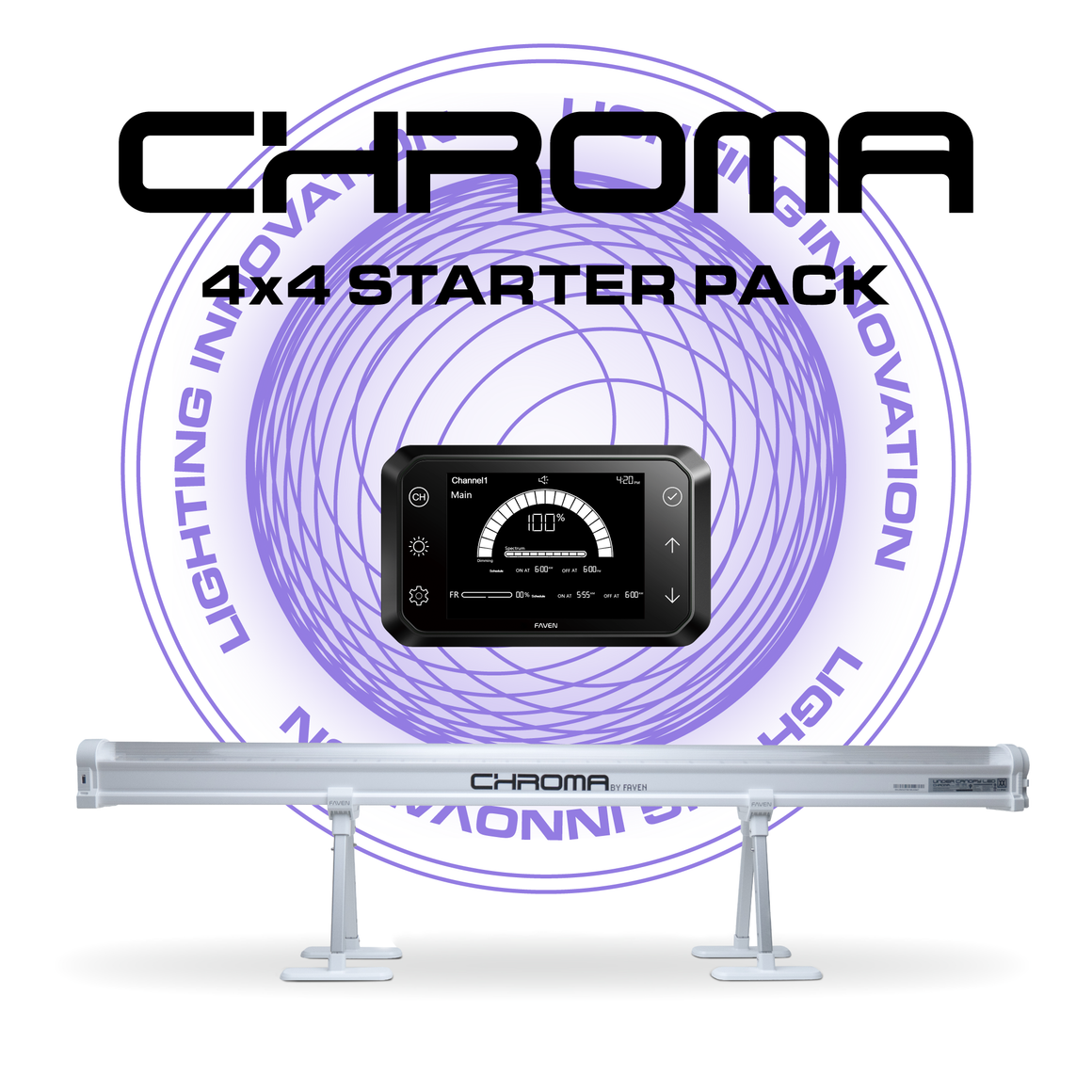 Faven Chroma 4x4 Starter Pack: LED light bar with control screen, on stands, under purple ring graphic.