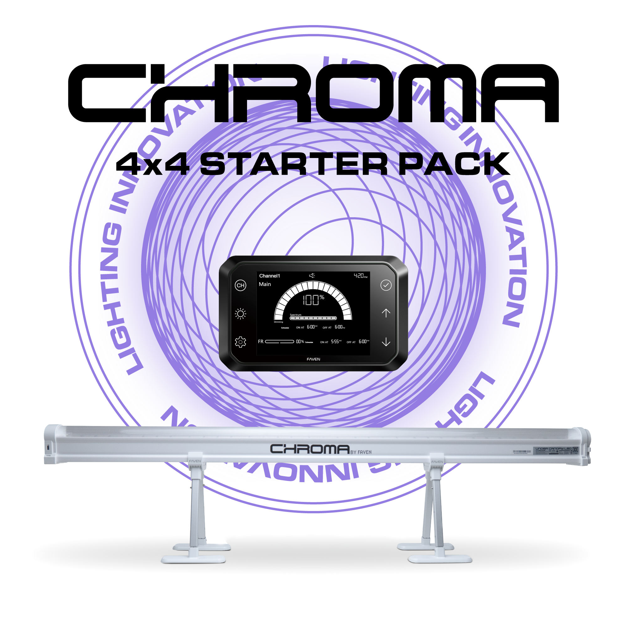 Faven Chroma 4x4 Starter Pack: LED light bar with control screen, on stands, under purple ring graphic.