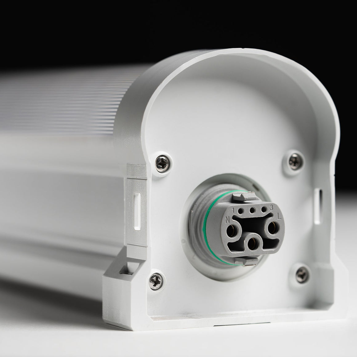 White LED light fixture connector with labeled ports N, 1, 3, L.