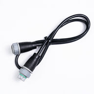 Black cable with two gray and black connectors, one with a green ring, against a white background.