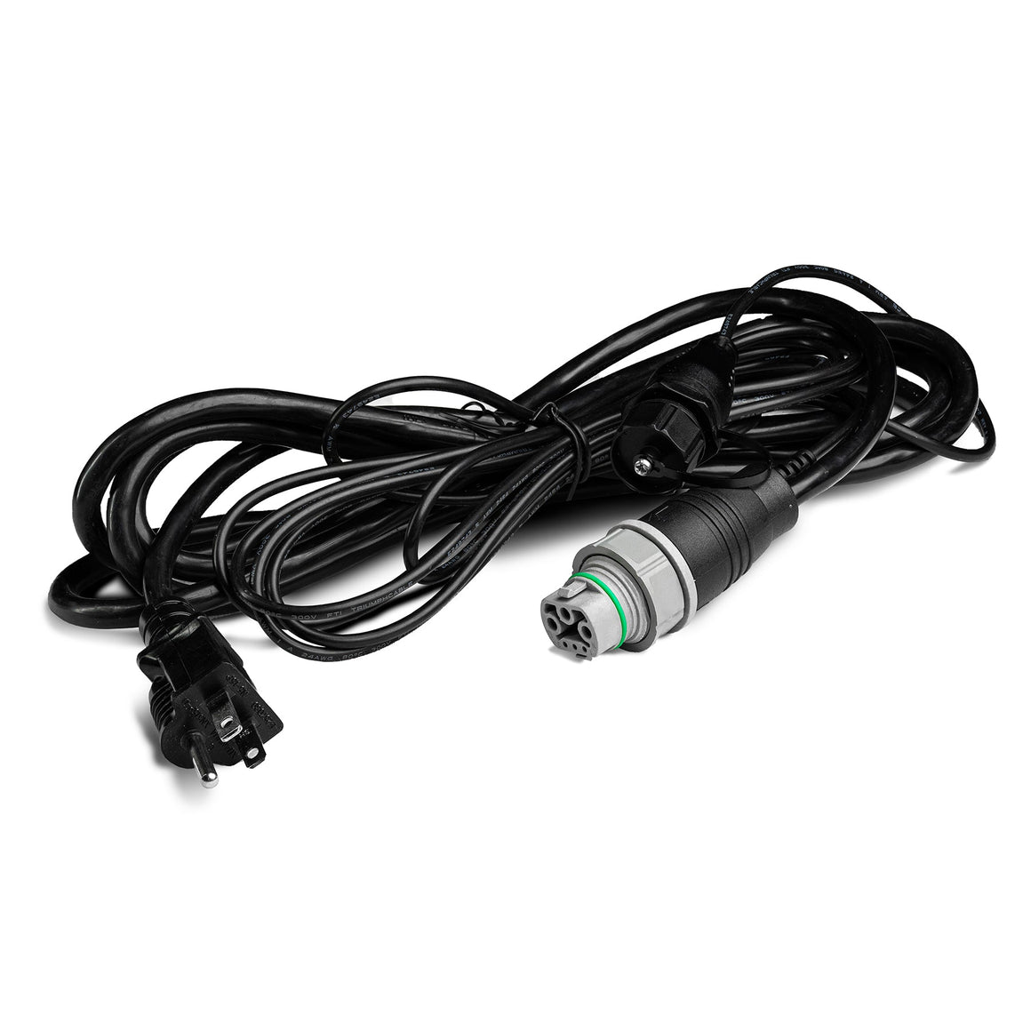Black power cord with a NEMA 5-15P plug and a 3-pin circular connector.