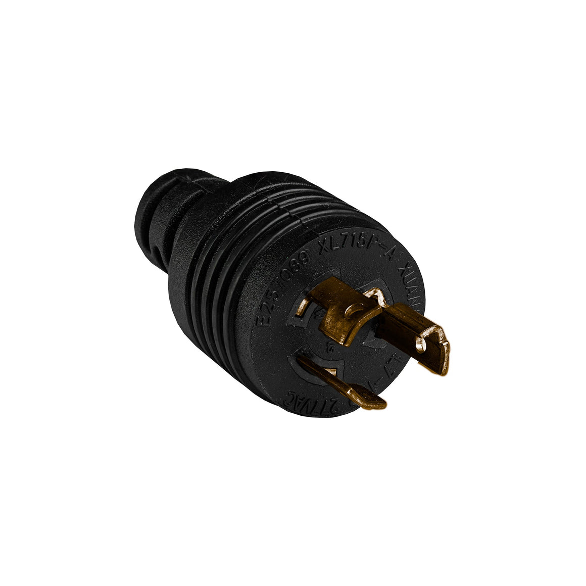 Black industrial plug with brass prongs and molded markings.