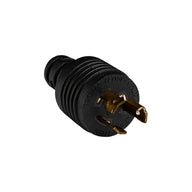 Black industrial plug with brass prongs and molded markings.