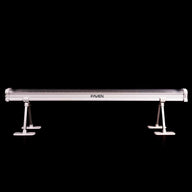 Faven R6/R8 under canopy light, white housing, adjustable legs, black background.