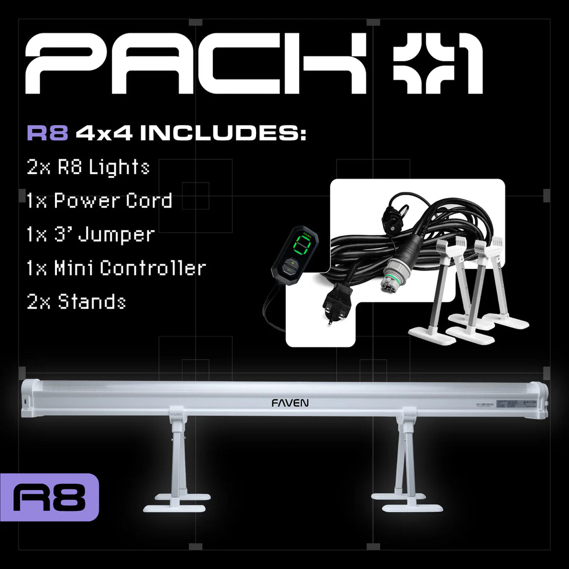 Faven R8 4x4 Starter Pack: Includes two LED grow lights, power cord, jumper, controller, and stands.