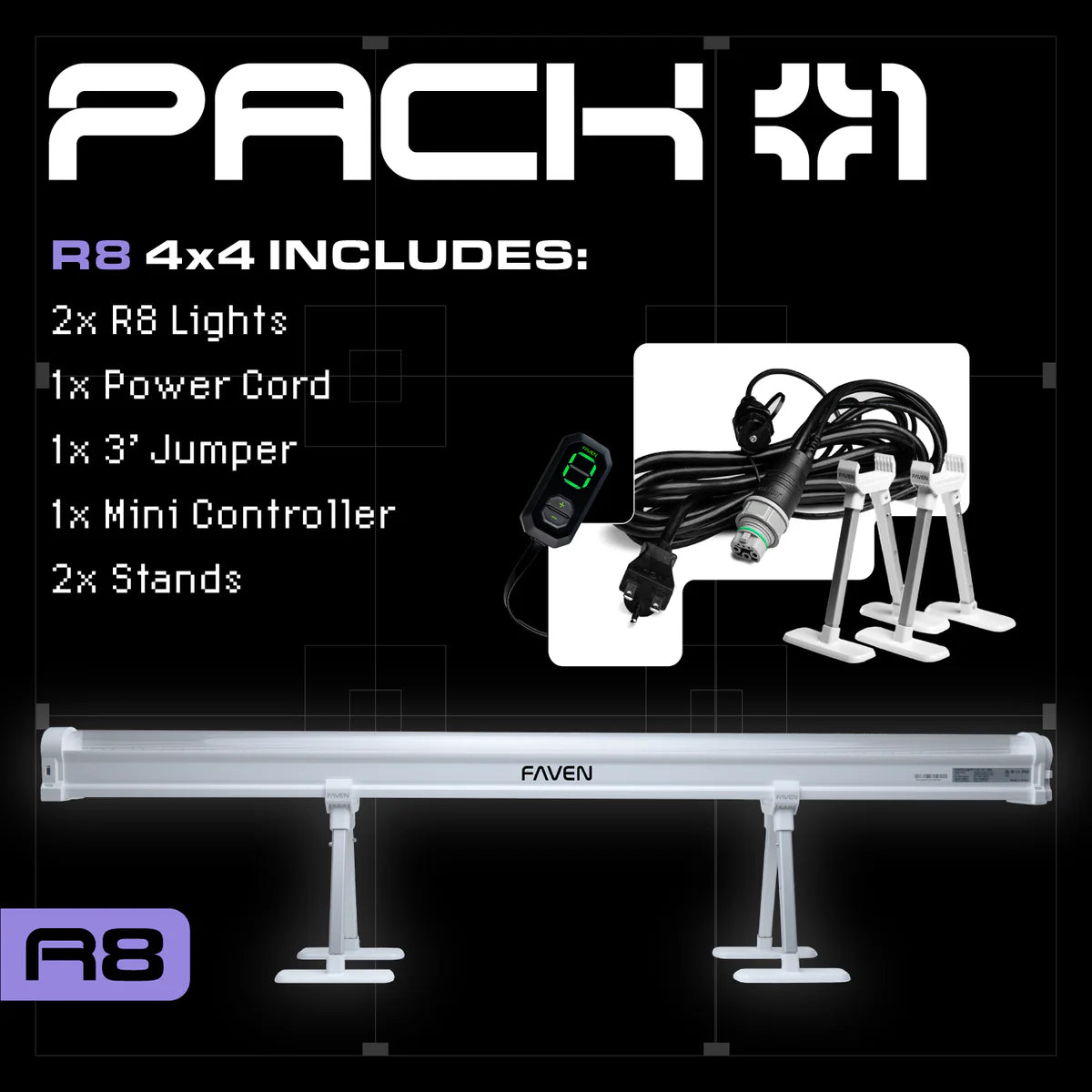 Faven R8 4x4 Starter Pack: Includes two LED grow lights, power cord, jumper, controller, and stands.