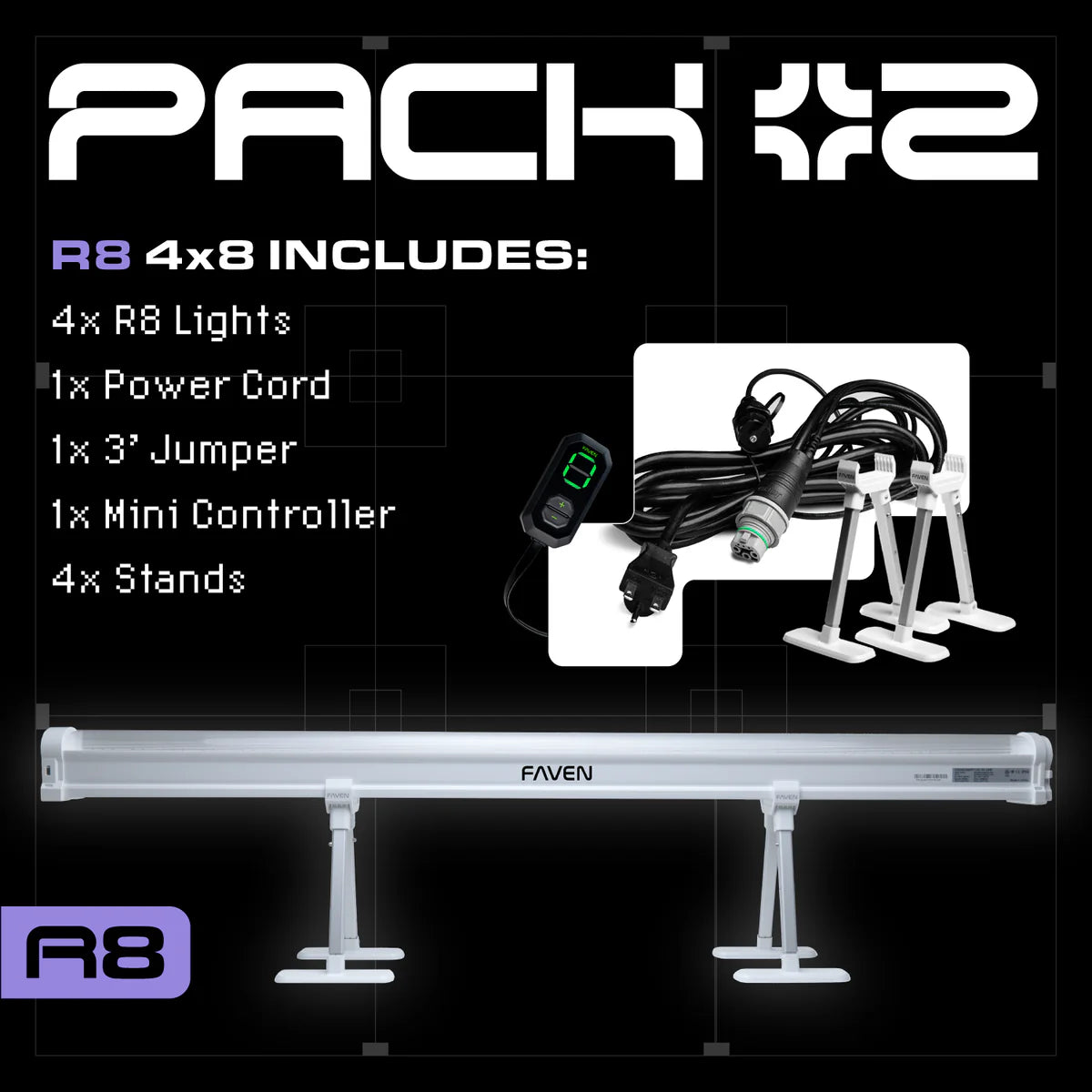 Faven R8 4x8 starter pack: 4 lights, controller, cords, and stands.