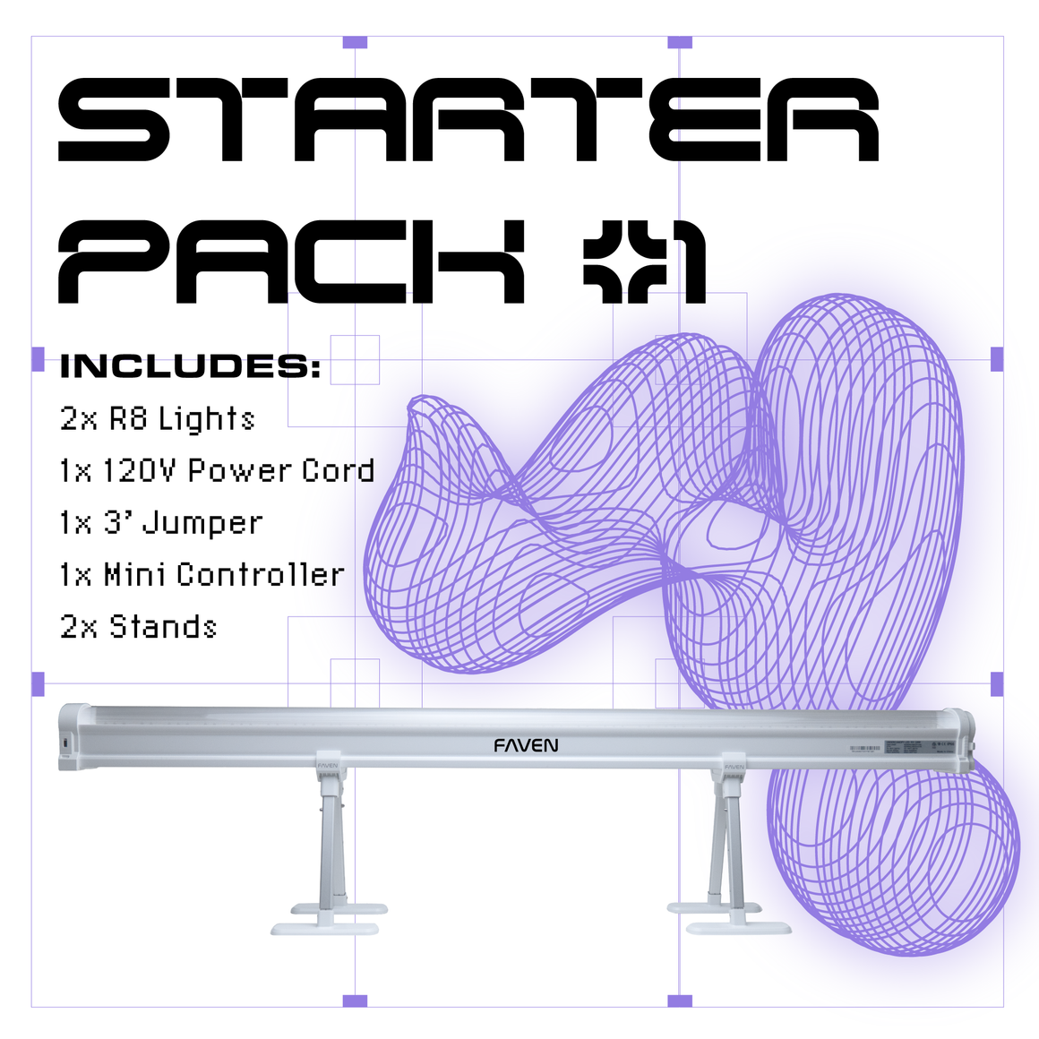 Faven R8 Starter Pack: 2 lights, power cord, jumper, controller, and stands. White tube lights with adjustable stands.