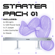 Faven R8 Starter Pack: 2 lights, power cord, jumper, controller, and stands. White tube lights with adjustable stands.
