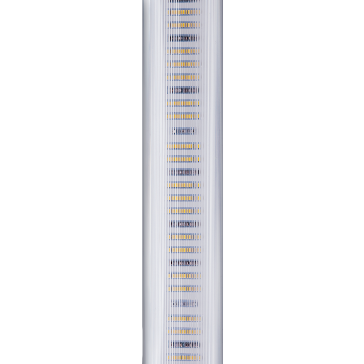 A vertically oriented, close-up studio shot of a white ribbed casing with rows of small, yellow LED lights inside.