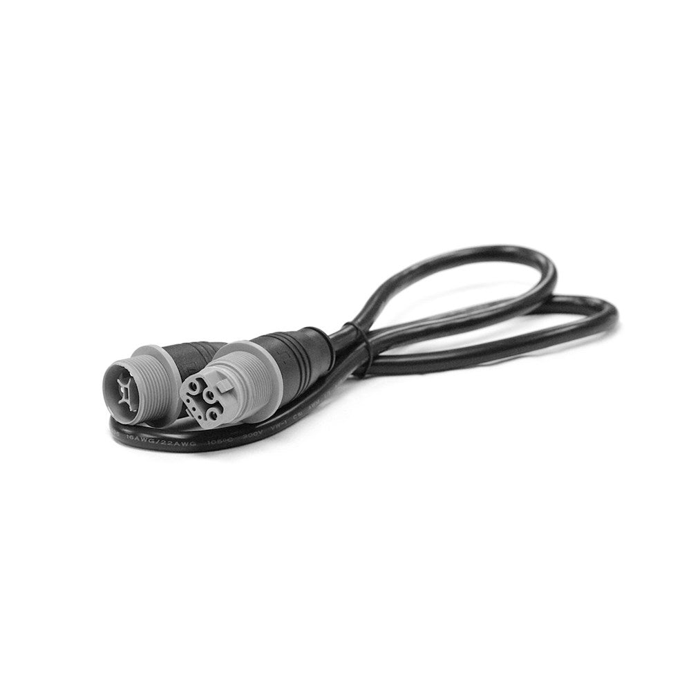 Black and gray electrical cable with two connectors, on a white background.