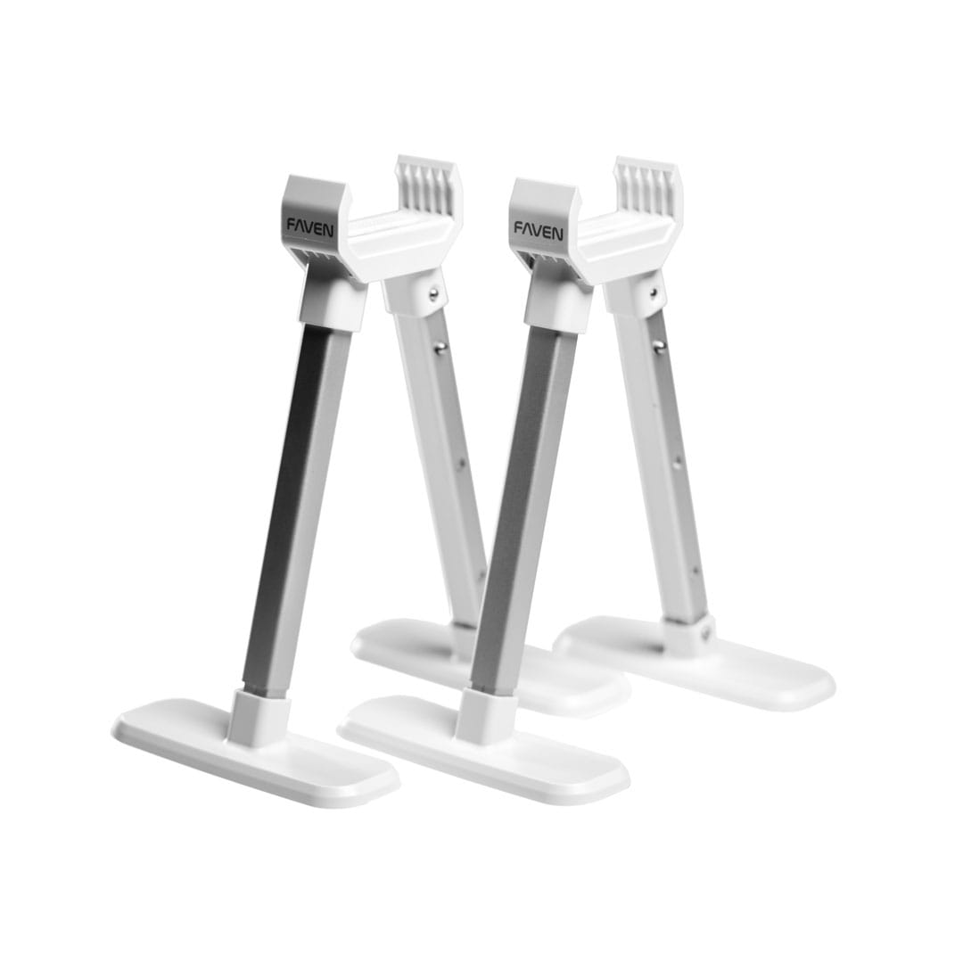 Two white Faven adjustable tablet stands on a white background.