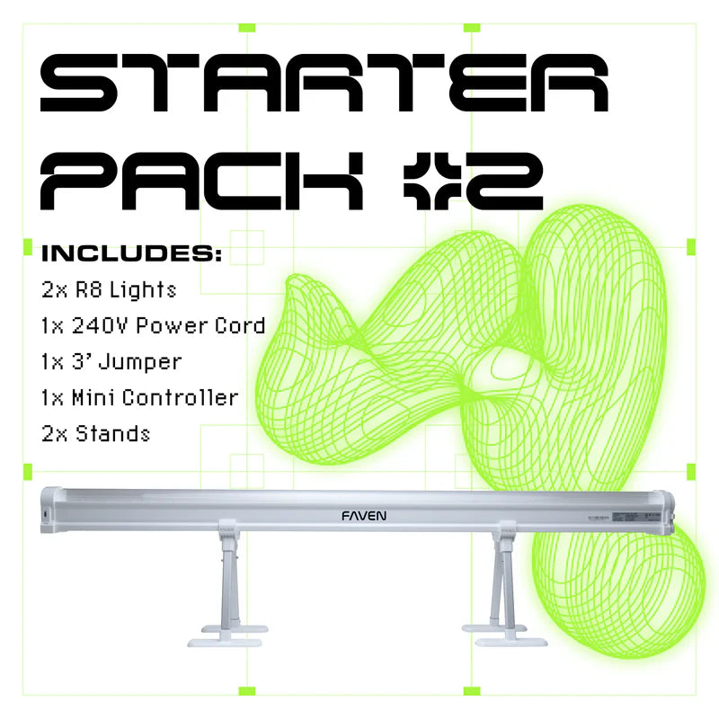 Faven R8 Starter Pack: 2 LED lights, 240V cord, jumper, controller, 2 stands.