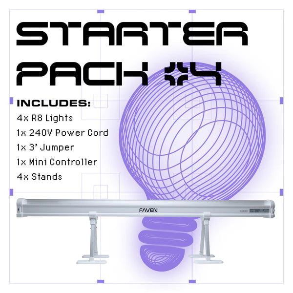 Faven R8 Starter Pack includes 4 lights, power cord, jumper, controller, & stands.