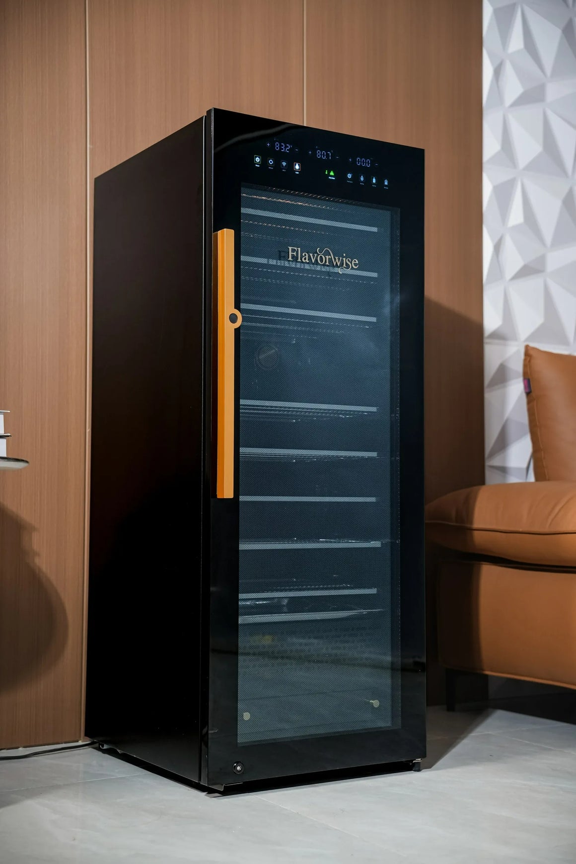 Black Flavorwise smart drying & curing cabinet with orange handle and glass door.