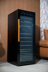 Black Flavorwise smart drying & curing cabinet with orange handle and glass door.
