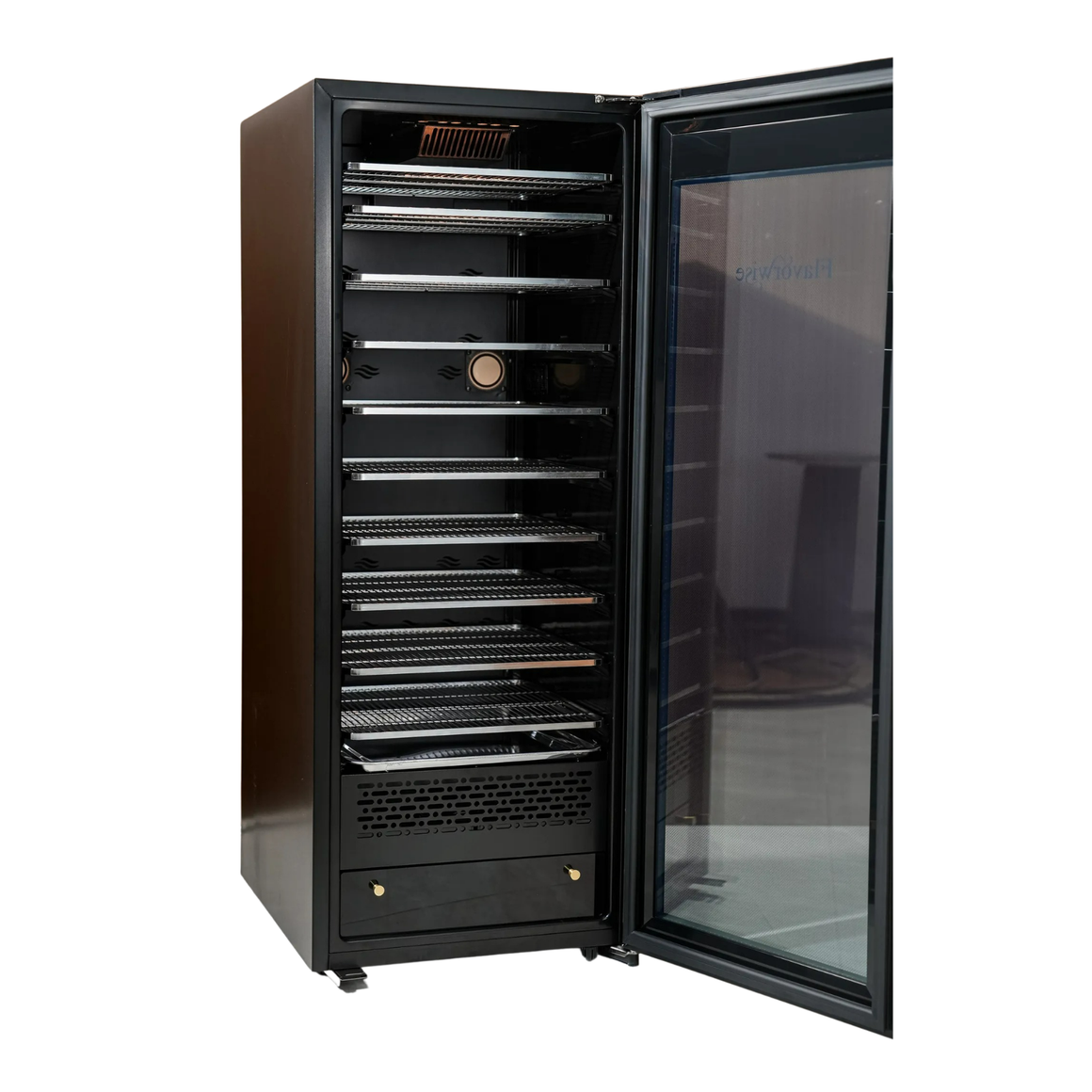 Black Flavorwise smart drying and curing cabinet with glass door, open to reveal multiple wire racks and a drawer.