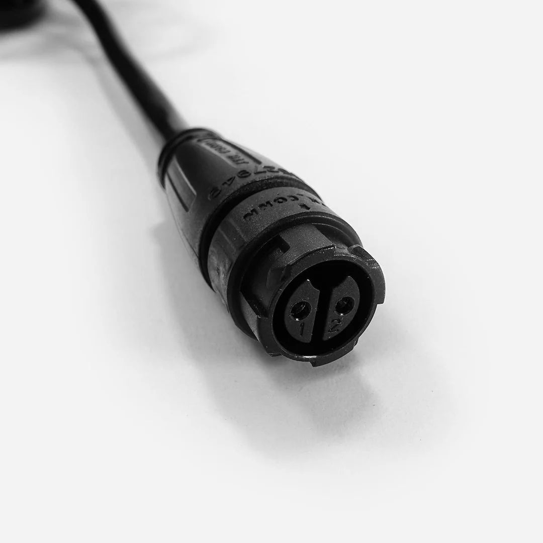 Black 2-pin female connector on a cable, with pins 1 & 2, for FloraFlex driver extension cord.