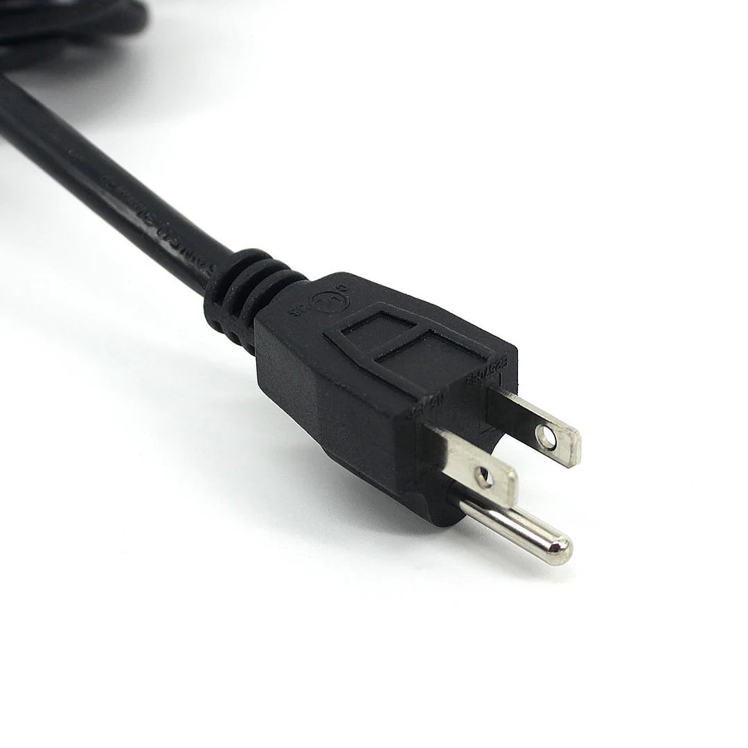 Close-up of a black FloraFlex 120V LED light power cord with a 3-prong NEMA 5-15P plug on white.
