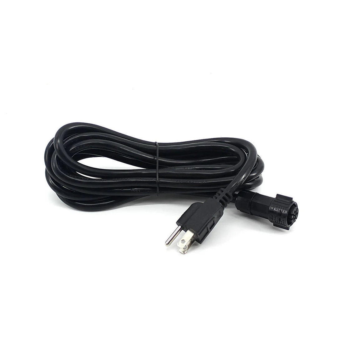 FloraFlex 120V LED light power cord, black and coiled, with US 3-prong plug and proprietary round connector.