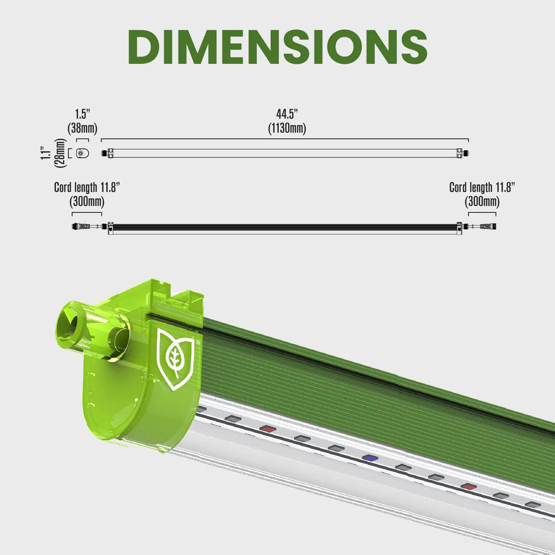 FloraFlex 18W Clone LED Incubator Light dimensions: 44.5" long, 1.5" wide, 1.1" high, green housing shown.