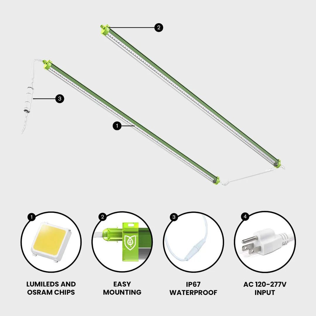 FloraFlex 18W Clone LED grow light system. Two green bar lights with cables, plus LED chips, mounting, waterproof connector, power plug.