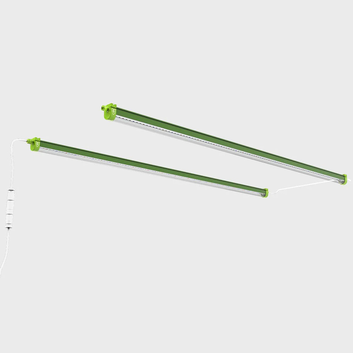 Two green FloraFlex 18W LED clone incubator lights, horizontally suspended against a light gray background.