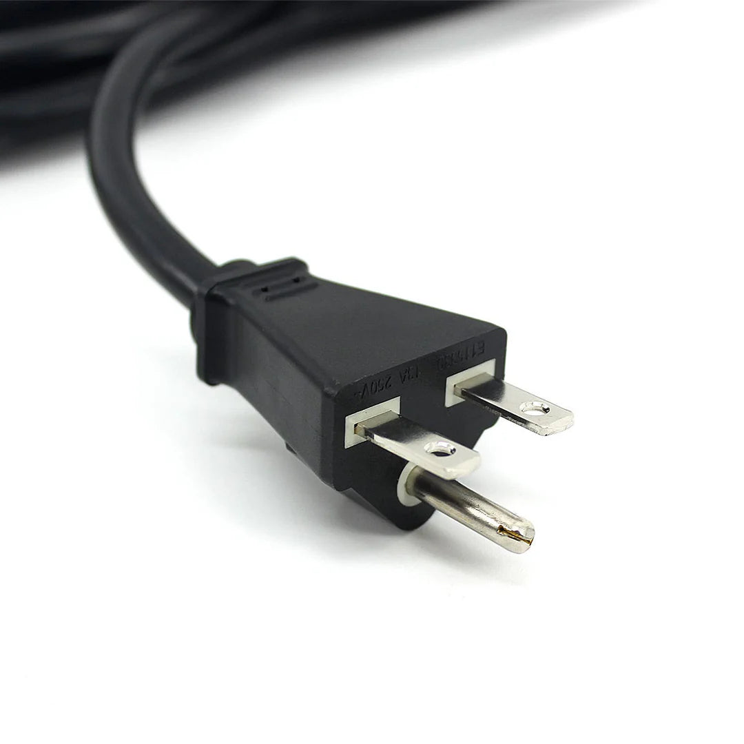 Black 3-prong power cord plug (15A 250V~) on a white background, featuring flat and round pins.