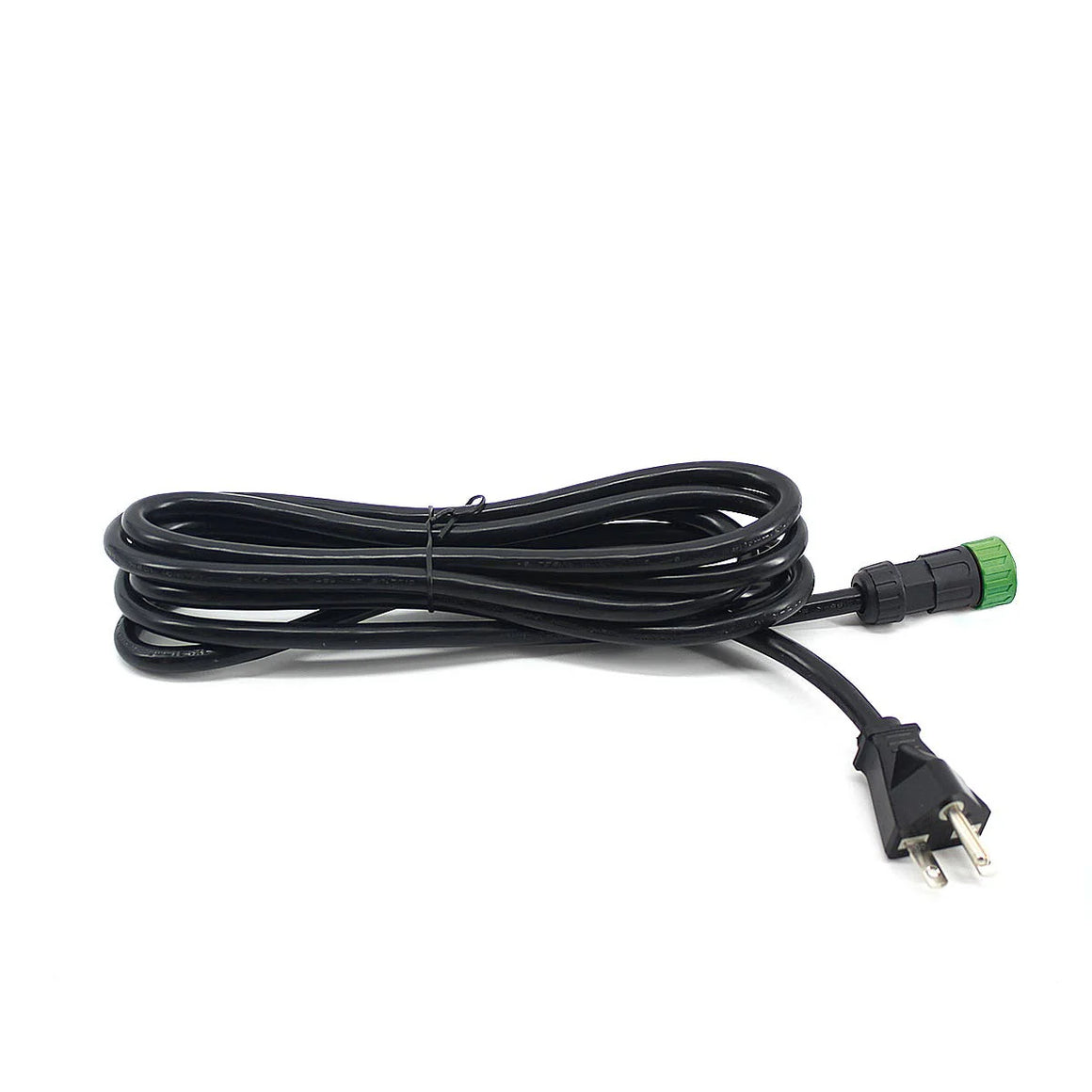 Black FloraFlex 240V LED light power cord with a US plug and a green-capped waterproof connector on a white background.
