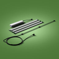 FloraFlex 3-bar 360W Far Red LED grow light system, with silver power supply, three light bars, and cables on green.