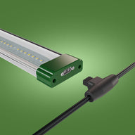 FloraFlex 3-bar LED grow light with green end cap, Far Red port, and black connector cable against a green background.