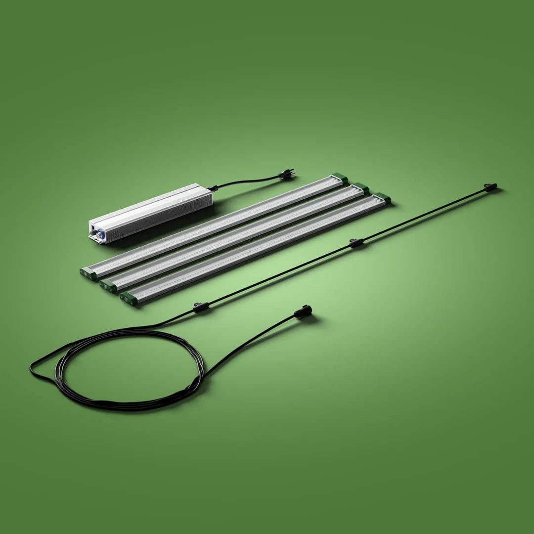 FloraFlex 3-bar 360W LED grow light kit with power supply and cables on a green background.