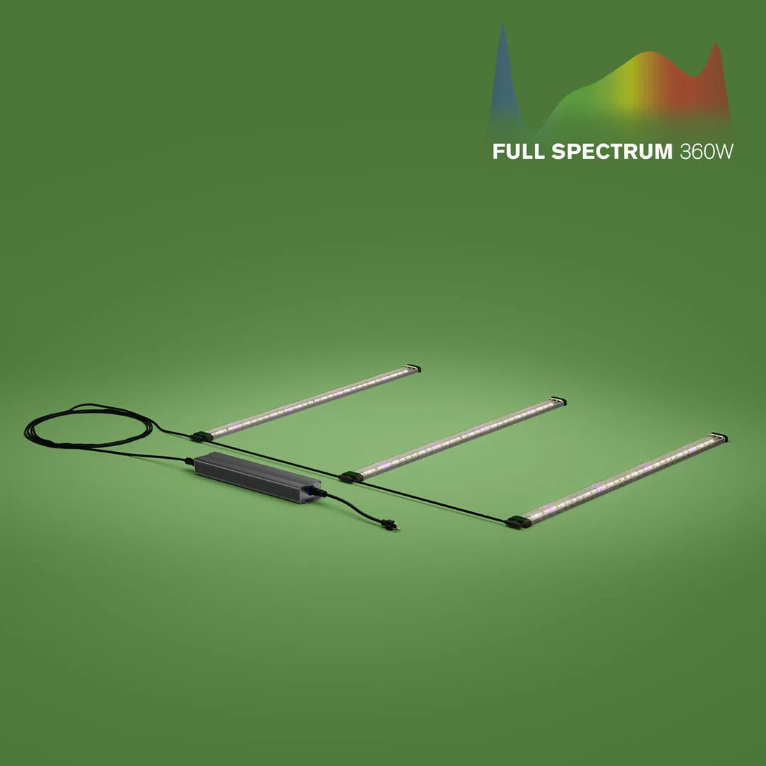 FloraFlex 3-bar 360W full spectrum LED grow lights system, showing three light bars, power supply, and cables.