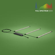 FloraFlex 3-bar 360W full spectrum LED grow lights system, showing three light bars, power supply, and cables.