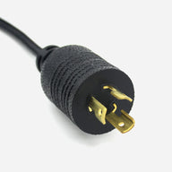 Close-up of a black 3-prong locking power cord plug with a textured grip and brass prongs, on a white background.