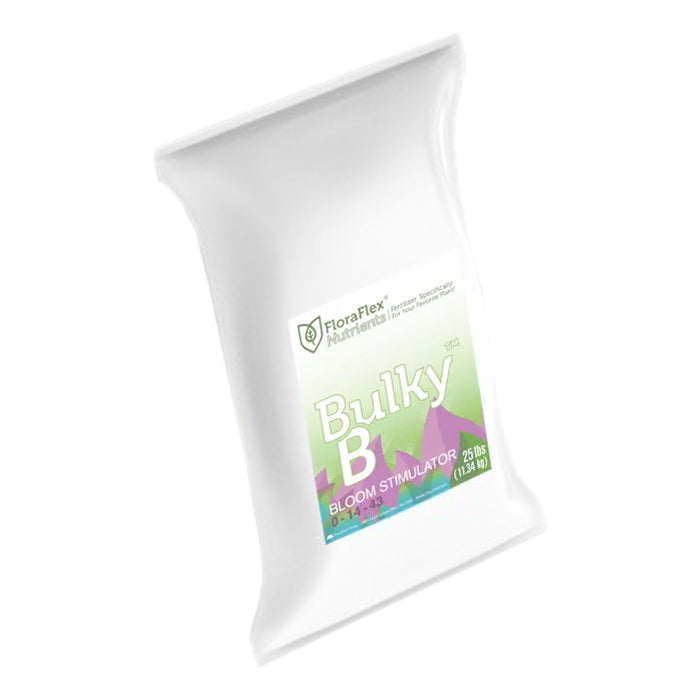 White bag of FloraFlex Nutrients Bulky B Bloom Stimulator 0-14-43 fertilizer, 25 lbs (11.34 kg).