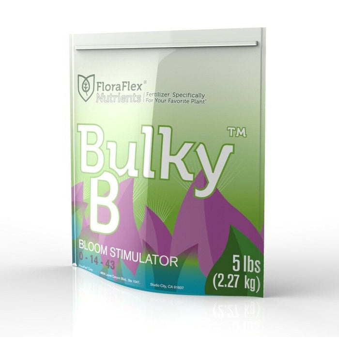 Glossy FloraFlex Bulky B Bloom Stimulator 0-14-43 fertilizer, 5 lbs (2.27 kg) pouch, green and purple.