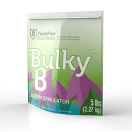 Glossy FloraFlex Bulky B Bloom Stimulator 0-14-43 fertilizer, 5 lbs (2.27 kg) pouch, green and purple.