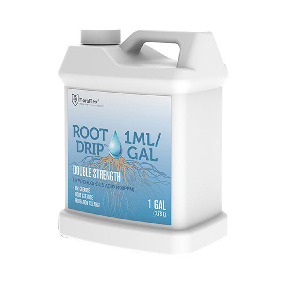 White 1 Gallon FloraFlex Root Drip solution jug, featuring roots graphic, 1ML/GAL, and Hypochlorous Acid (400ppm).