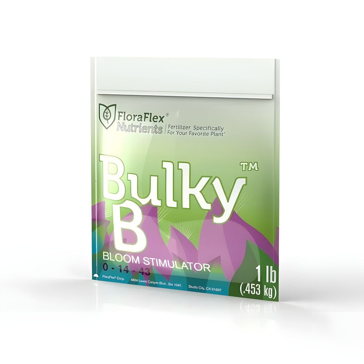 White and green FloraFlex Nutrients Bulky B Bloom Stimulator fertilizer bag, 0-14-43, 1 lb (453 kg) for plants.