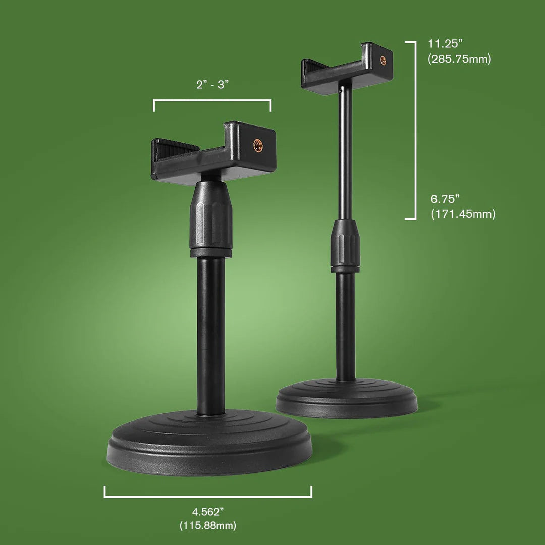 Two black FloraFlex Under Canopy Adjustable Stands showing dimensions: 11.25", 6.75" heights, 2-3" holder, 4.56" base.
