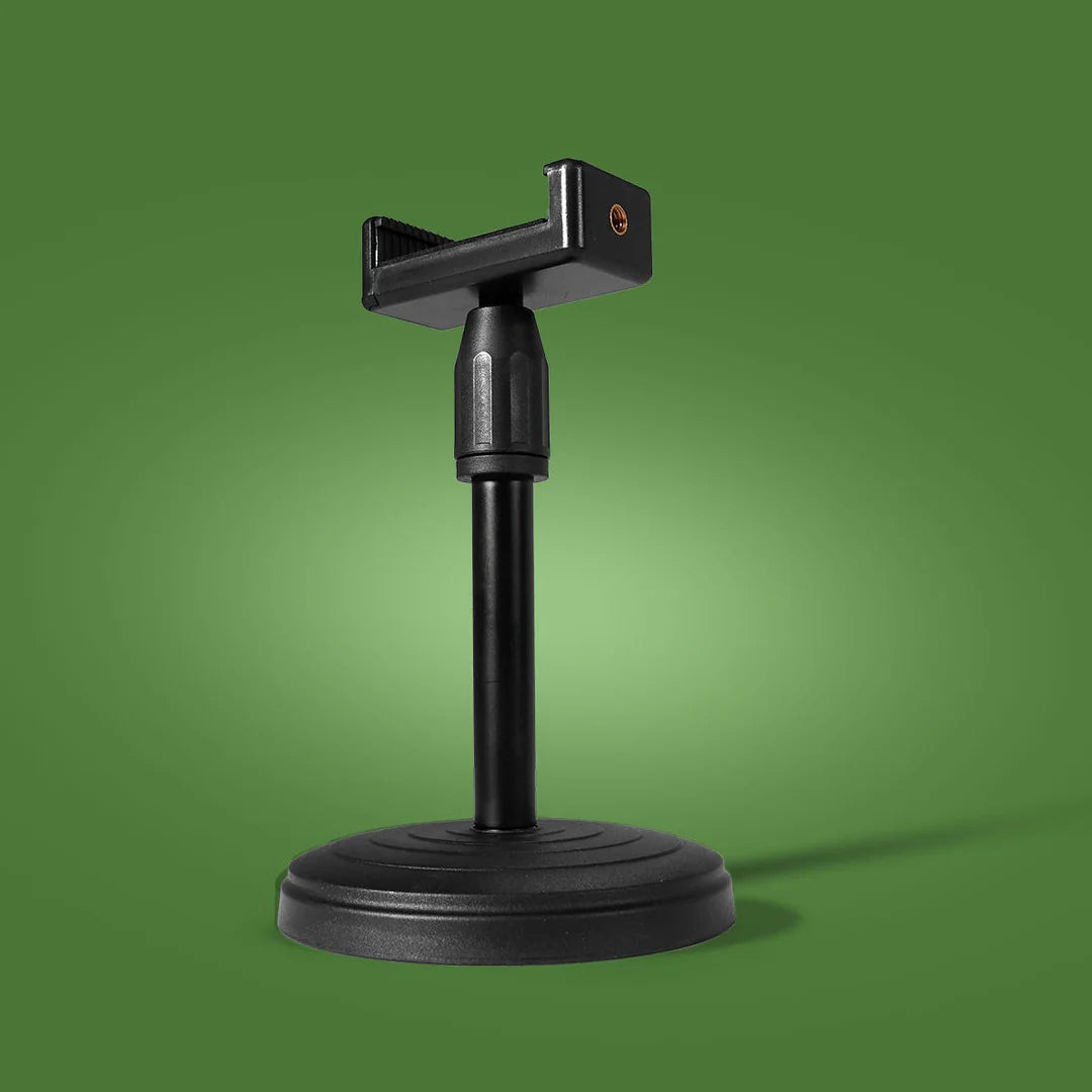 Black FloraFlex Under Canopy Adjustable Stand with round base and device clamp on a green background.
