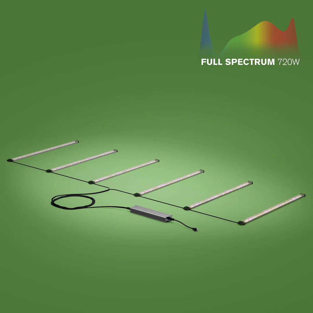 FloraFlex 6-bar 720W full spectrum LED grow light system with power supply on green background and spectrum graph.