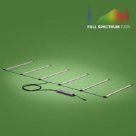 FloraFlex 6-bar 720W full spectrum LED grow light system with power supply on green background and spectrum graph.